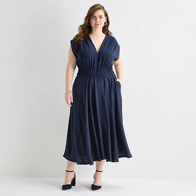 Melonie T Womens Plus Midi V Neck Short Sleeve Cap Fit + Flare Dress