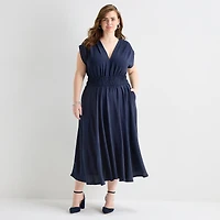 Melonie T Womens Plus Midi V Neck Short Sleeve Cap Fit + Flare Dress
