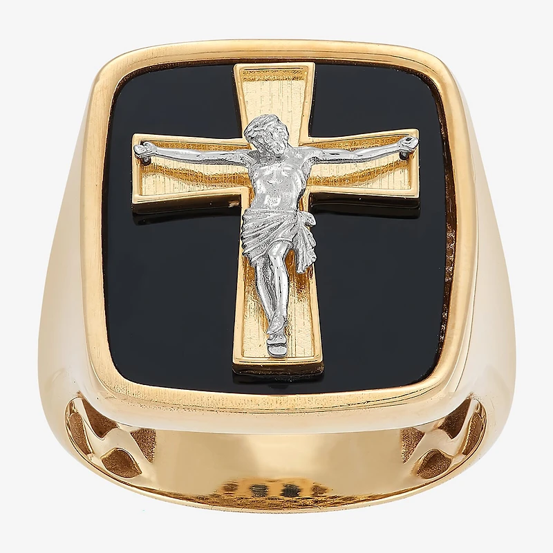 Crucifix Mens Genuine Black Onyx 10K Gold Cross Signet Ring
