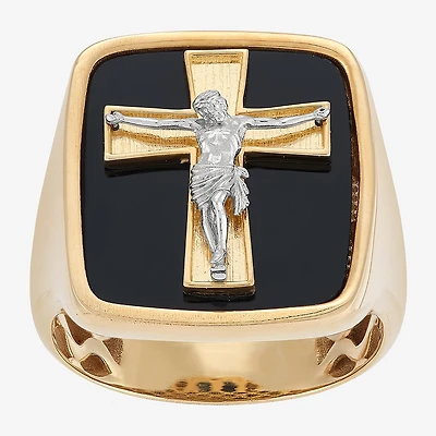 Crucifix Mens Genuine Black Onyx 10K Gold Cross Signet Ring