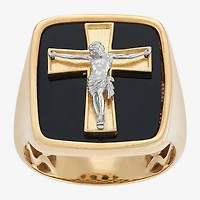 Crucifix Mens Genuine Black Onyx 10K Gold Cross Signet Ring