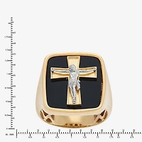Crucifix Mens Genuine Black Onyx 10K Gold Cross Signet Ring