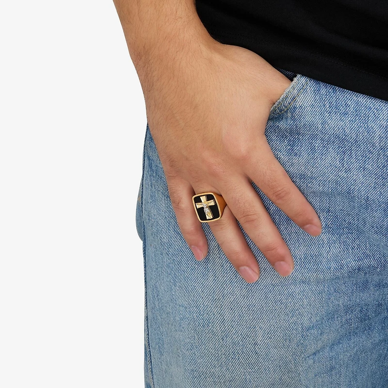 Crucifix Mens Genuine Black Onyx 10K Gold Cross Signet Ring
