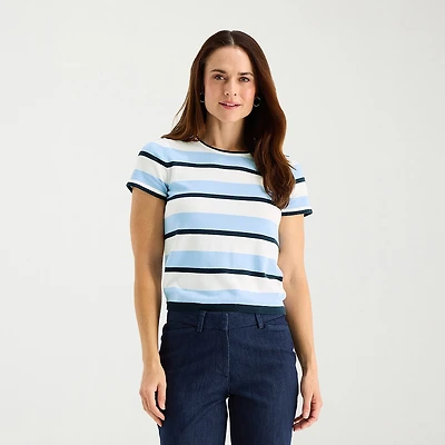 Liz Claiborne Tall Womens Crew Neck Short Sleeve Striped Pullover Sweater
