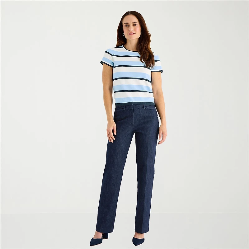 Liz Claiborne Tall Womens Crew Neck Short Sleeve Striped Pullover Sweater