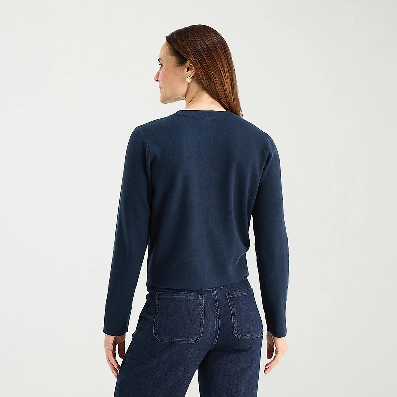 Liz Claiborne Womens Crew Neck Long Sleeve Button Cardigan