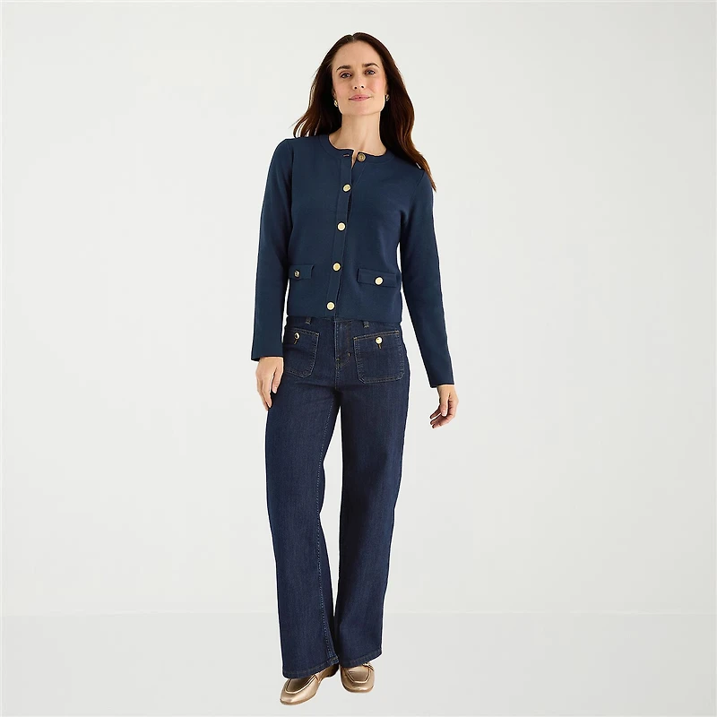 Liz Claiborne Womens Crew Neck Long Sleeve Button Cardigan