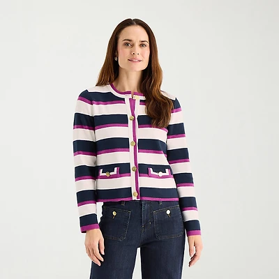 Liz Claiborne Womens Crew Neck Long Sleeve Button Cardigan