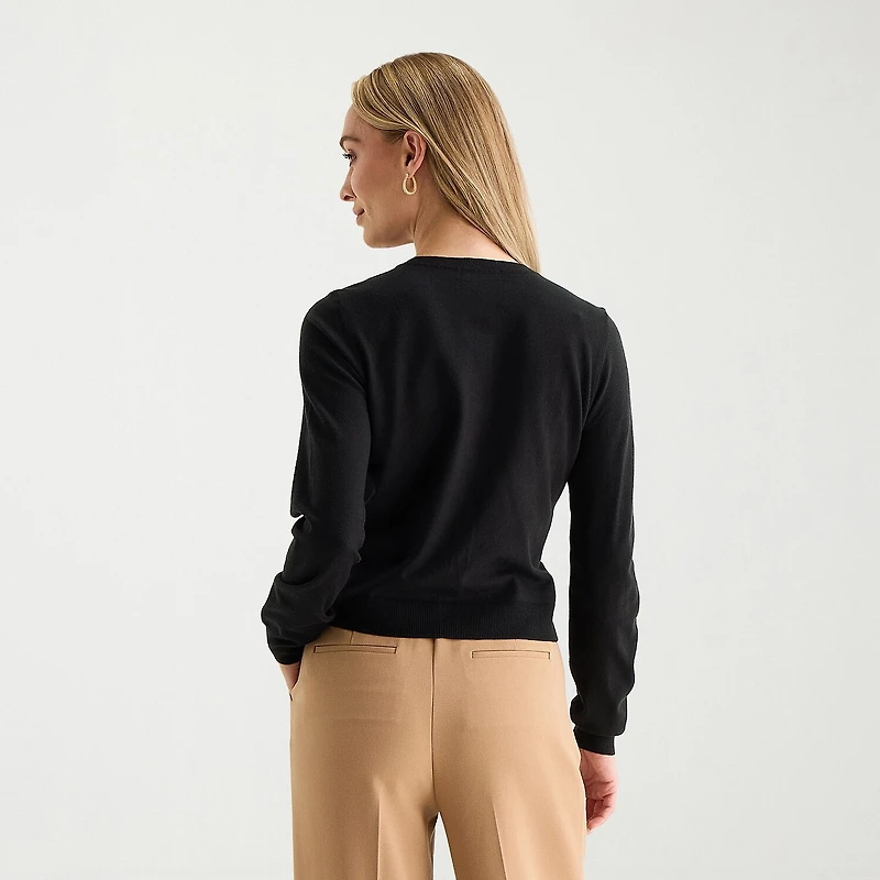 Liz Claiborne Womens Crew Neck Long Sleeve Button Cardigan