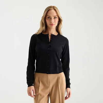 Liz Claiborne Womens Crew Neck Long Sleeve Button Cardigan
