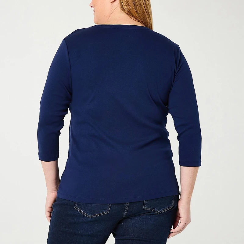 St. John's Bay Womens Plus V Neck 3/4 Sleeve T-Shirt
