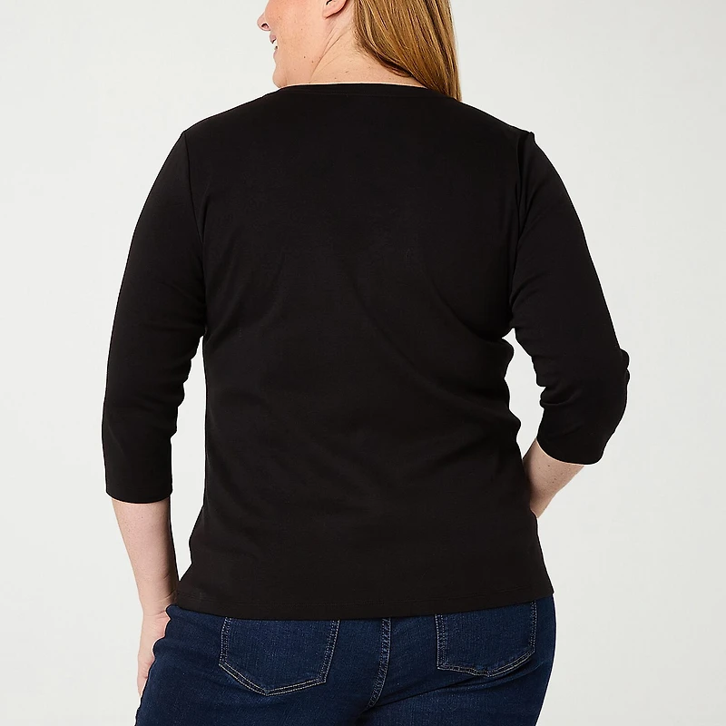 St. John's Bay Womens Plus V Neck 3/4 Sleeve T-Shirt