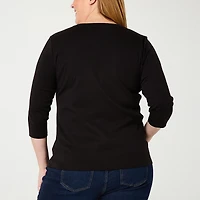 St. John's Bay Womens Plus V Neck 3/4 Sleeve T-Shirt