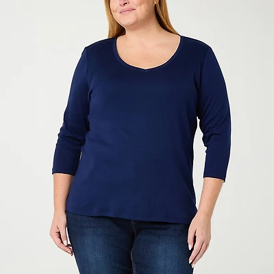 St. John's Bay Womens Plus V Neck 3/4 Sleeve T-Shirt