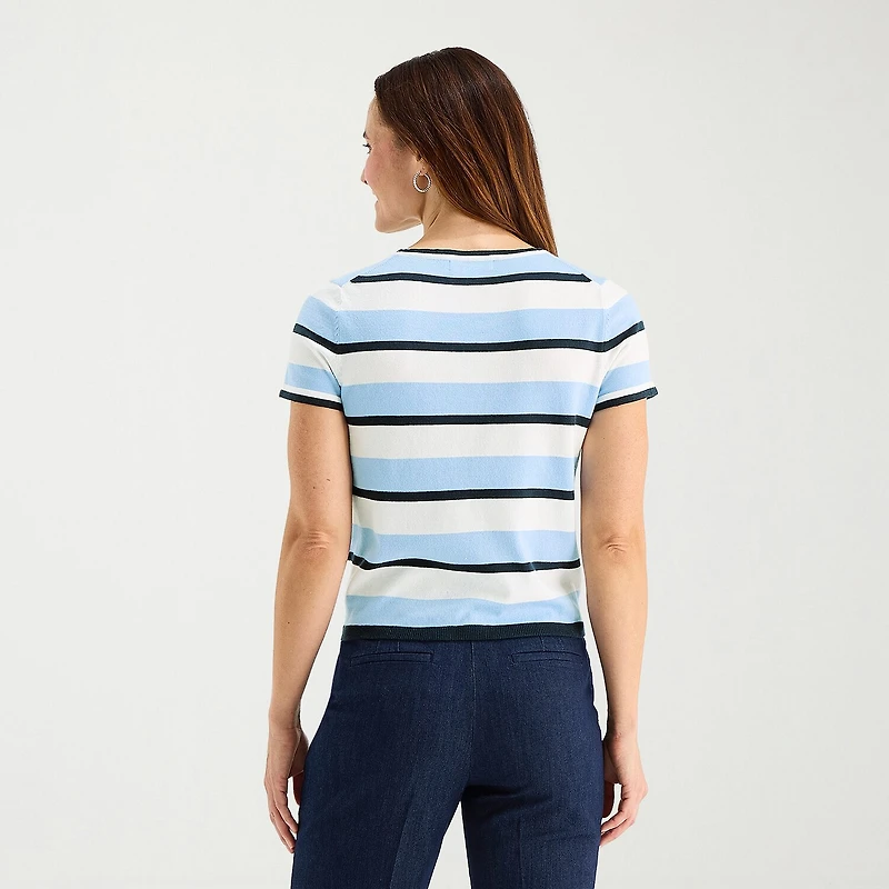 Liz Claiborne Plus Womens Crew Neck Short Sleeve Striped Pullover Sweater