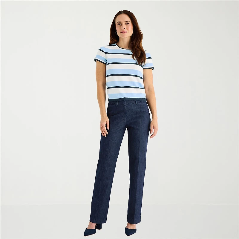 Liz Claiborne Plus Womens Crew Neck Short Sleeve Striped Pullover Sweater