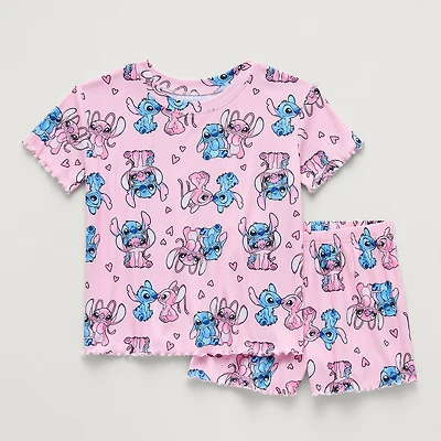 Disney Collection Girls Lilo & Stitch Rib Crew Neck Short Sleeve 2-pc. Pajama Set