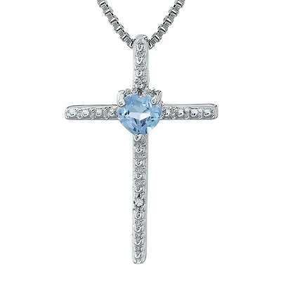 Simulated Aquamarine and Diamond-Accent Sterling Silver Cross and Heart Pendant Necklace