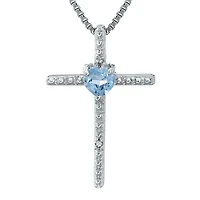 Simulated Aquamarine and Diamond-Accent Sterling Silver Cross and Heart Pendant Necklace