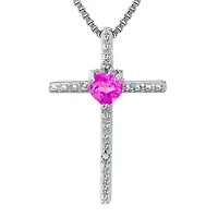 Lab-Created Pink Sapphire and Diamond-Accent Sterling Silver Cross and Heart Pendant Necklace