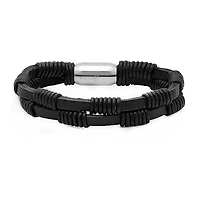 Black Leather Mens Stainless Steel Wrap Bracelet