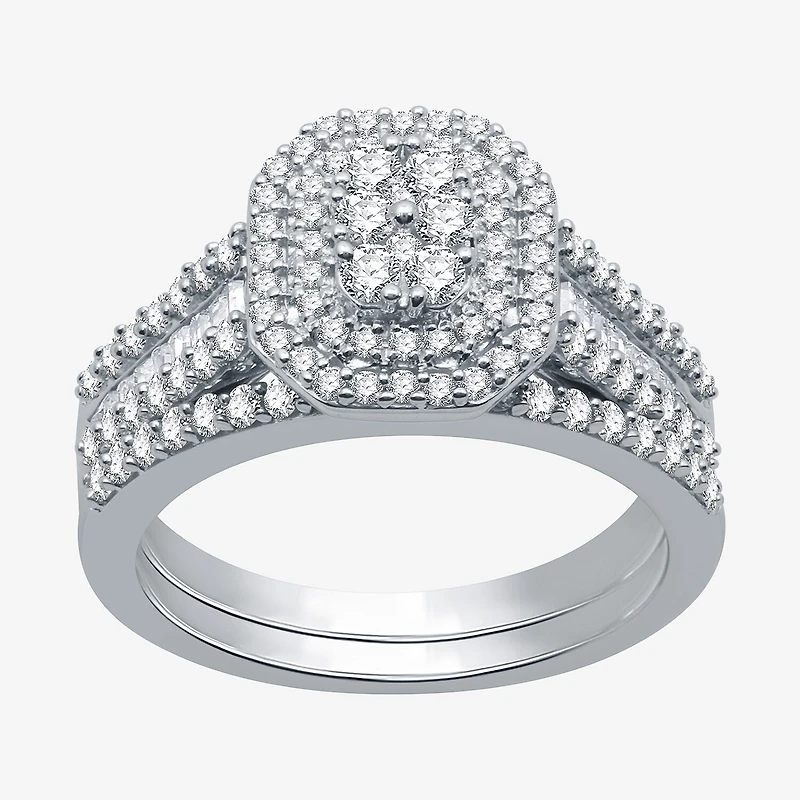 I Said Yes (H-I / I1) Womens 1 CT. T.W. Lab Grown White Diamond Sterling Silver or 14K Gold Over Side Stone Halo Bridal Set