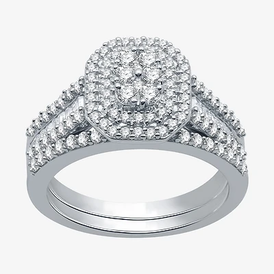 I Said Yes (H-I / I1) Womens 1 CT. T.W. Lab Grown White Diamond Sterling Silver or 14K Gold Over Side Stone Halo Bridal Set
