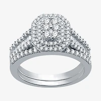 I Said Yes (H-I / I1) Womens 1 CT. T.W. Lab Grown White Diamond Sterling Silver or 14K Gold Over Side Stone Halo Bridal Set