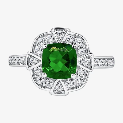 Limited Quantities! Womens Genuine Green Chrome Diopside Sterling Silver Halo Side Stone Cocktail Ring