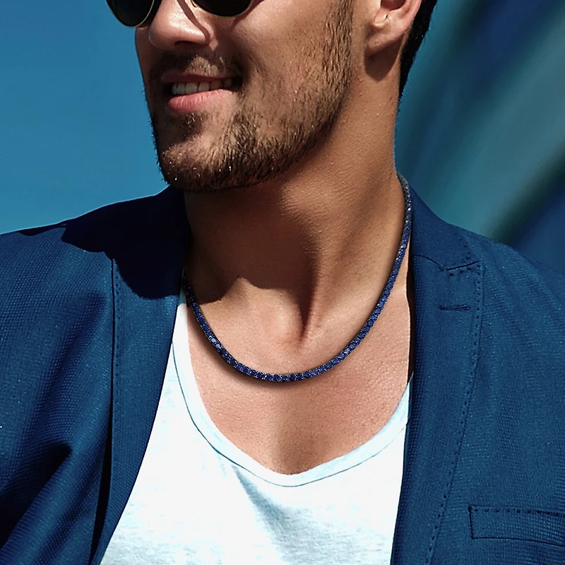 Mens Blue Sapphire Sterling Silver 20 Inch Tennis Necklace