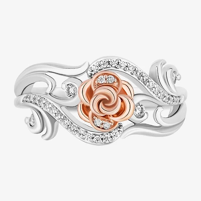 Enchanted Disney Fine Jewelry Womens 1/5 CT. Natural White Diamond 14K Rose Gold Over Silver Sterling Flower Beauty and the Beast Belle Princess Cocktail Ring