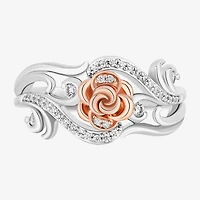 Enchanted Disney Fine Jewelry Womens 1/5 CT. Natural White Diamond 14K Rose Gold Over Silver Sterling Flower Beauty and the Beast Belle Princess Cocktail Ring