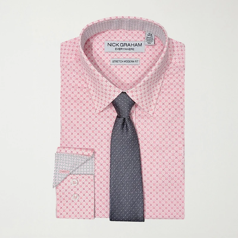Nick Graham Mens Spread Collar Long Sleeve Stretch Fabric Shirt + Tie Set