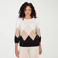 Alfred Dunner Seville Womens Boat Neck 3/4 Sleeve Argyle Pullover Sweater