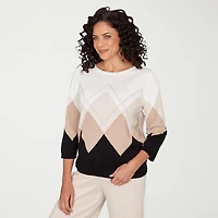 Alfred Dunner Seville Womens Boat Neck 3/4 Sleeve Argyle Pullover Sweater