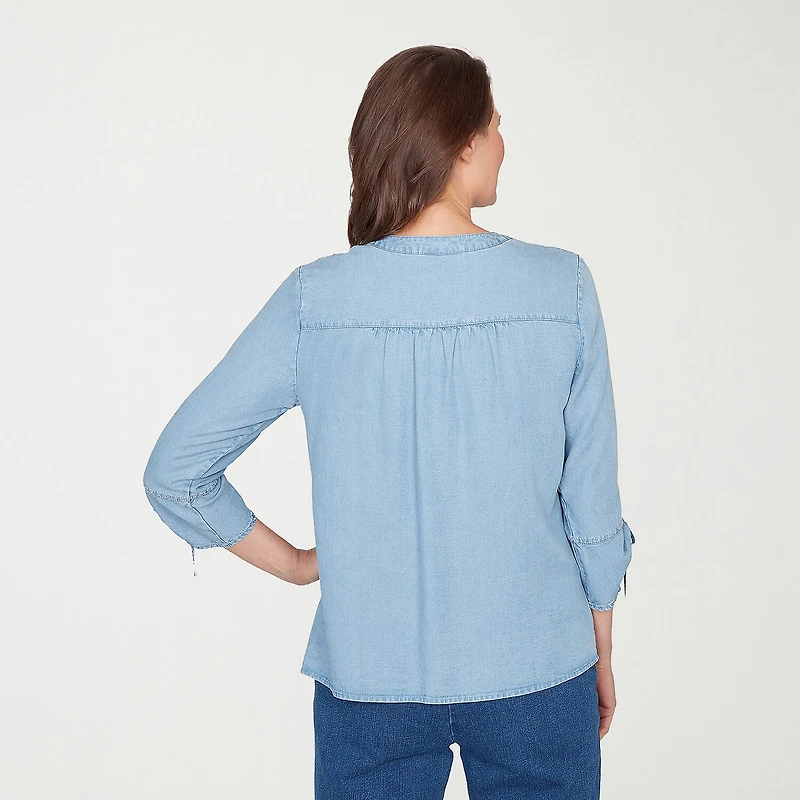 Alfred Dunner Austin Womens Y Neck 3/4 Sleeve Embroidered Blouse