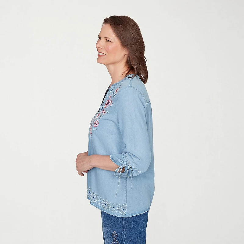 Alfred Dunner Austin Womens Y Neck 3/4 Sleeve Embroidered Blouse