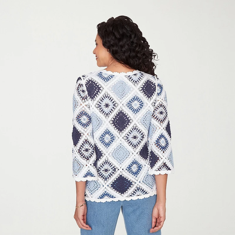 Alfred Dunner Austin Womens Crew Neck 3/4 Sleeve Geometric Pullover Sweater