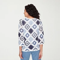 Alfred Dunner Austin Womens Crew Neck 3/4 Sleeve Geometric Pullover Sweater