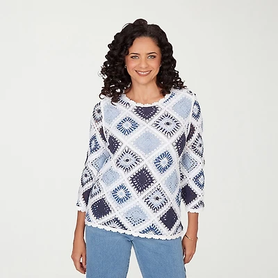 Alfred Dunner Austin Womens Crew Neck 3/4 Sleeve Geometric Pullover Sweater