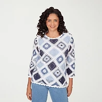 Alfred Dunner Austin Womens Crew Neck 3/4 Sleeve Geometric Pullover Sweater