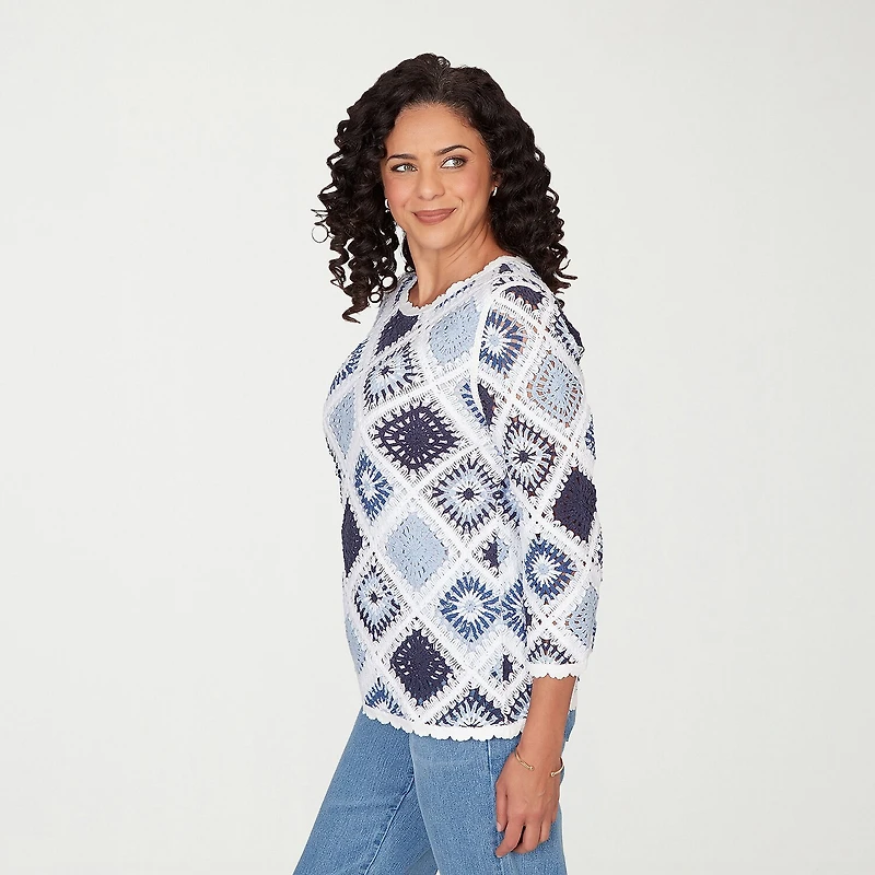 Alfred Dunner Austin Womens Crew Neck 3/4 Sleeve Geometric Pullover Sweater