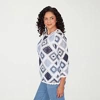 Alfred Dunner Austin Womens Crew Neck 3/4 Sleeve Geometric Pullover Sweater