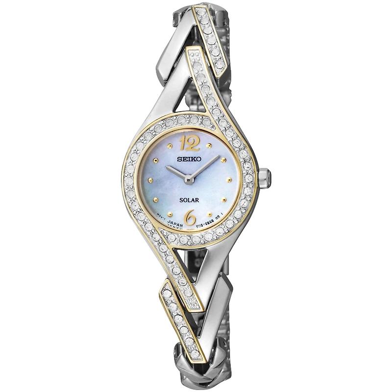 Seiko® Womens Two-Tone Crystal Accent Mother-of-Pearl Solar Watch SUP174