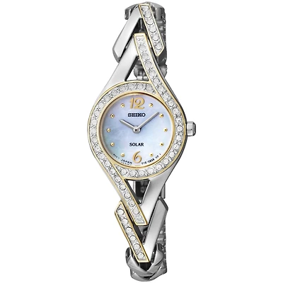 Seiko® Womens Two-Tone Crystal Accent Mother-of-Pearl Solar Watch SUP174