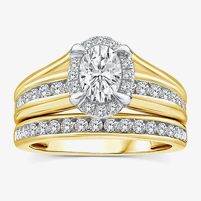 (G / Si1-Si2) Womens 1 1/2 CT. T.W. Lab Grown White Diamond 14K White Gold Oval Side Stone Halo Bridal Set