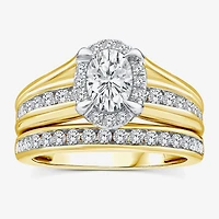 (G / Si1-Si2) Womens 1 1/2 CT. T.W. Lab Grown White Diamond 14K White Gold Oval Side Stone Halo Bridal Set
