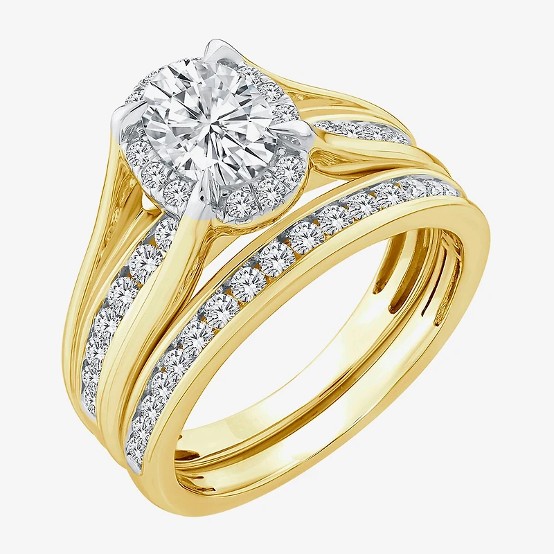 (G / Si1-Si2) Womens 1 1/2 CT. T.W. Lab Grown White Diamond 14K White Gold Oval Side Stone Halo Bridal Set