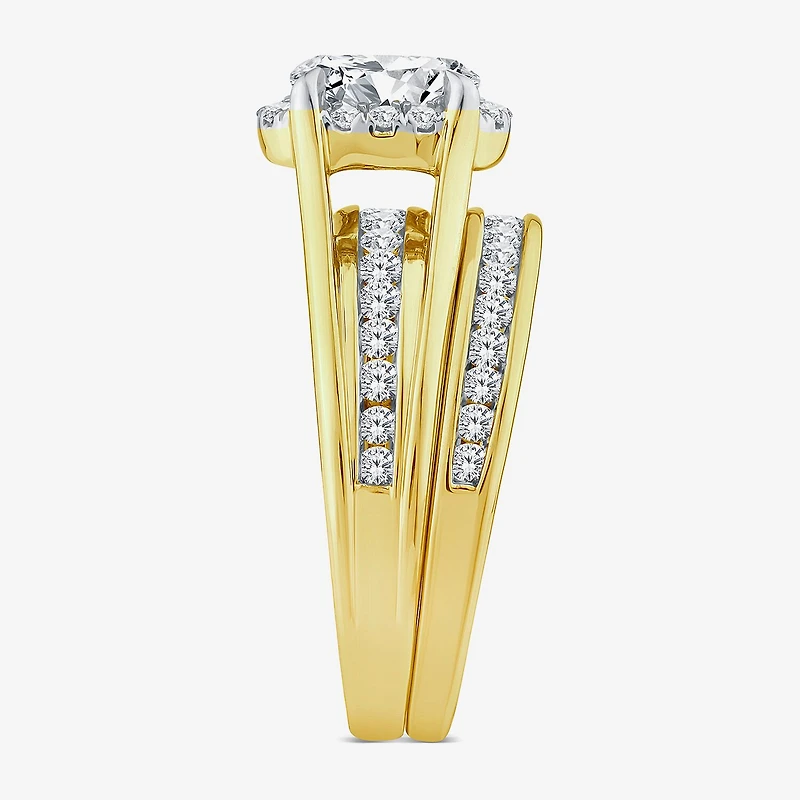 (G / Si1-Si2) Womens 1 1/2 CT. T.W. Lab Grown White Diamond 14K White Gold Oval Side Stone Halo Bridal Set