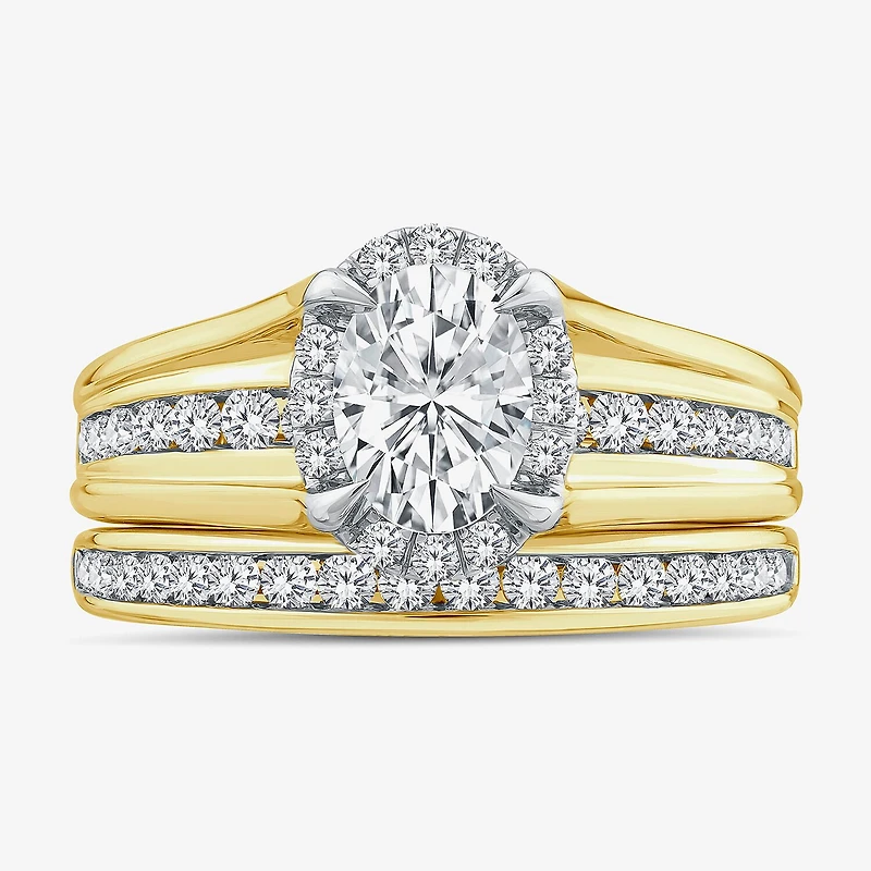 (G / Si1-Si2) Womens 1 1/2 CT. T.W. Lab Grown White Diamond 14K White Gold Oval Side Stone Halo Bridal Set